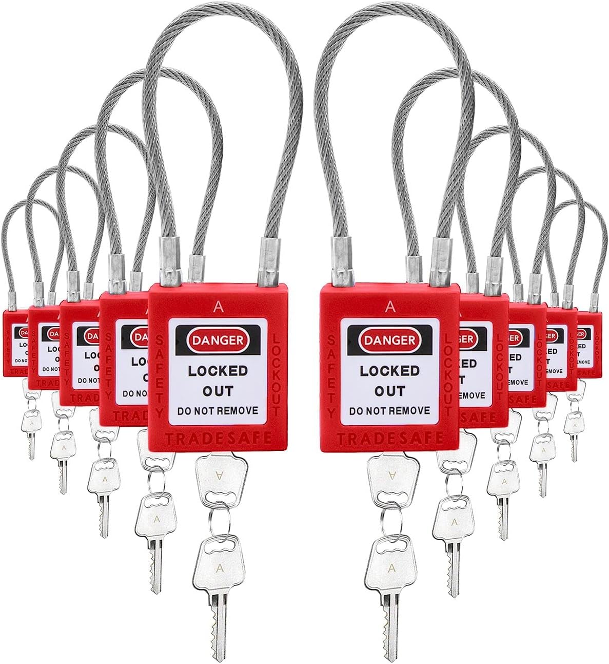 10 Red Keyed Alike Steel Cable Lockout Padlock Set P1350