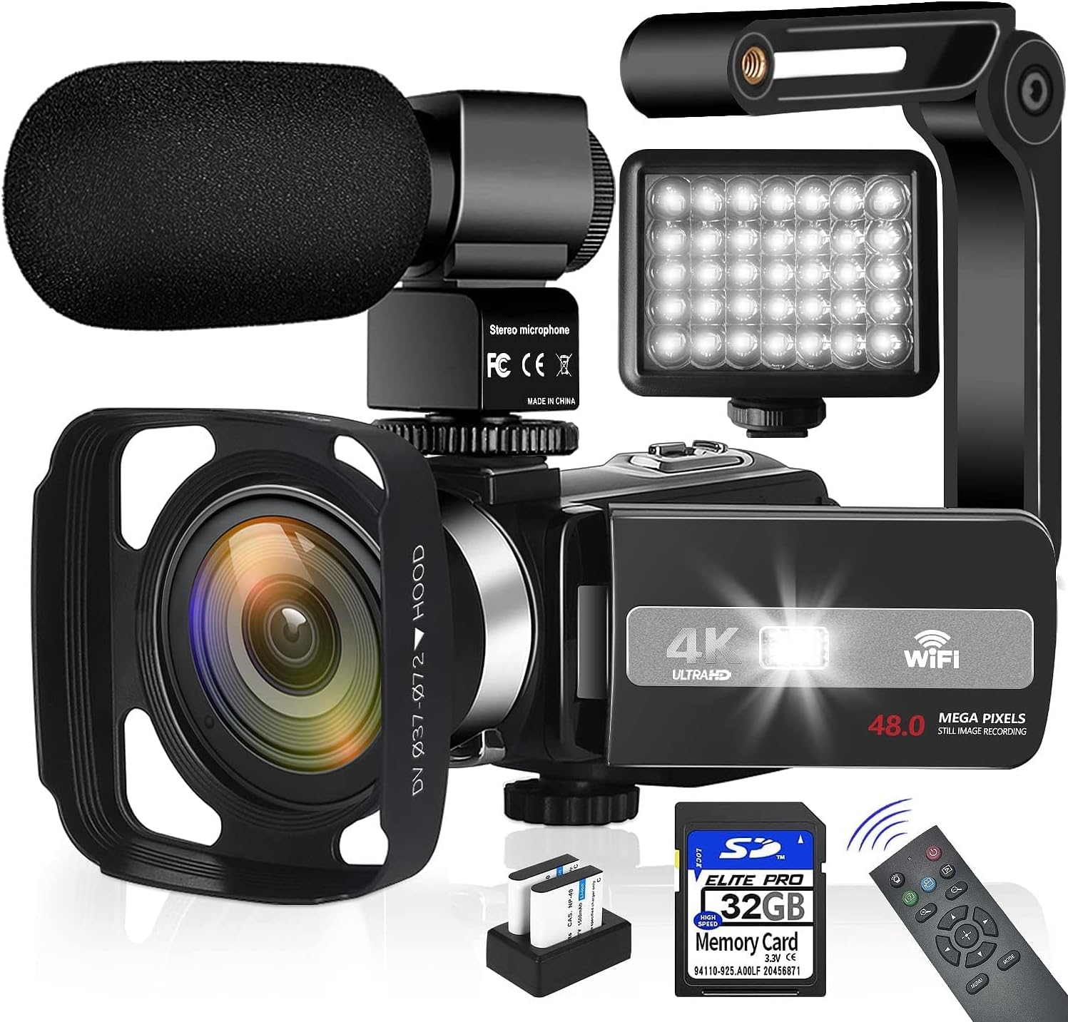 4K 48MP Autofocus Camcorder with WiFi, 18X Digital Zoom, External Microphone, 32GB SD Card, 2 Batteries C10192