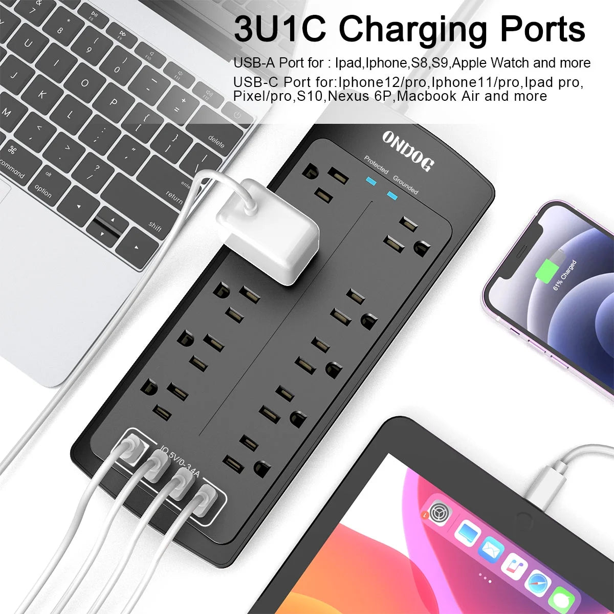 10 Outlets 4 USB Ports 6 Ft Extension Cord Surge Protector Power Strip O132107