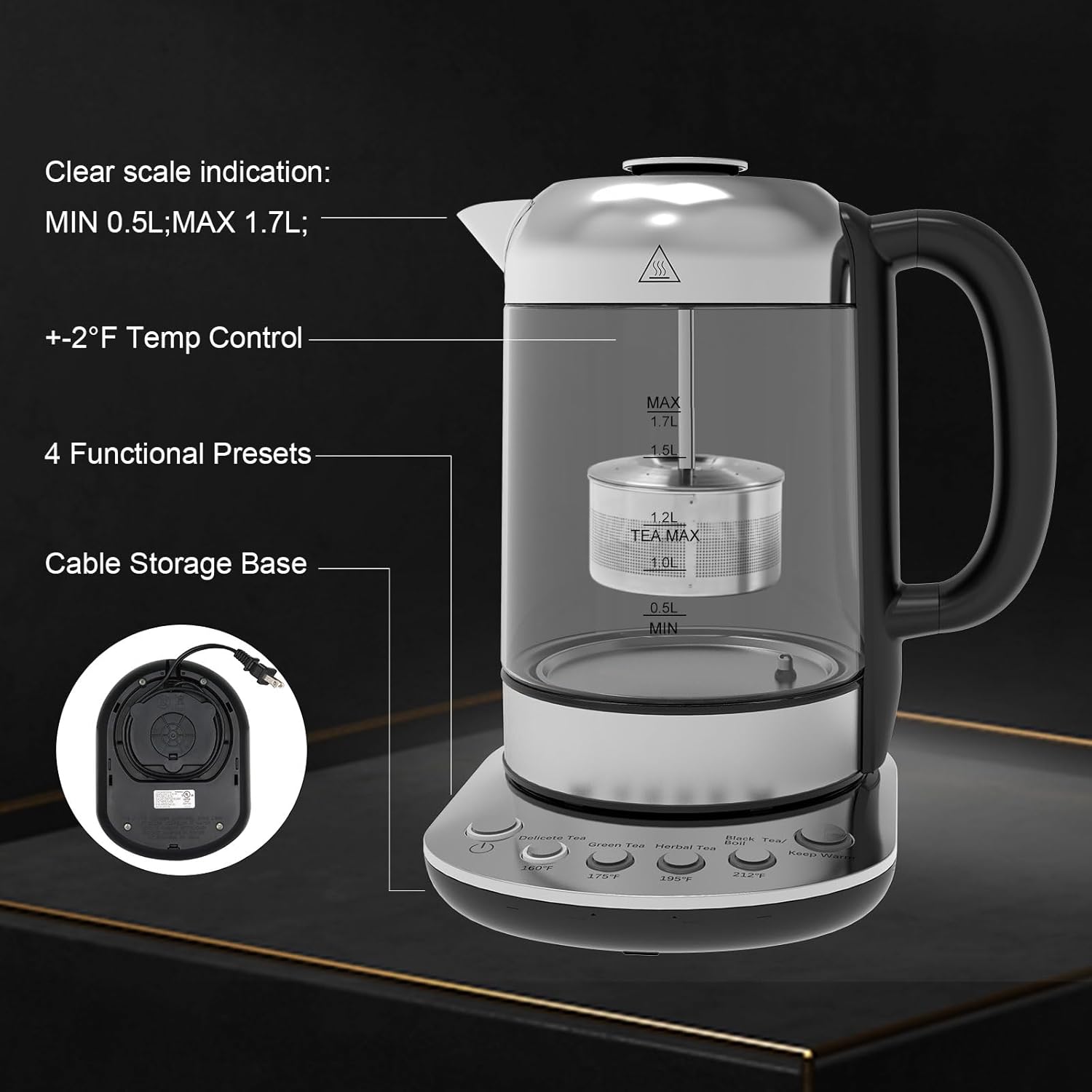 1.7L Borosilicate Glass Electric Kettle with Temperature Control X277