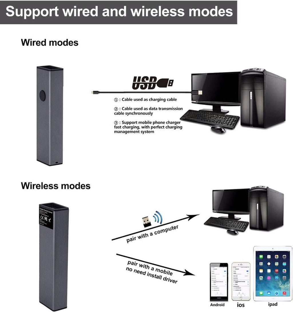 2D QR Wireless Bluetooth Barcode Scanner Portable Handheld 3-in-1 Aluminum Alloy Metal Outer Box Pack of 2 R366