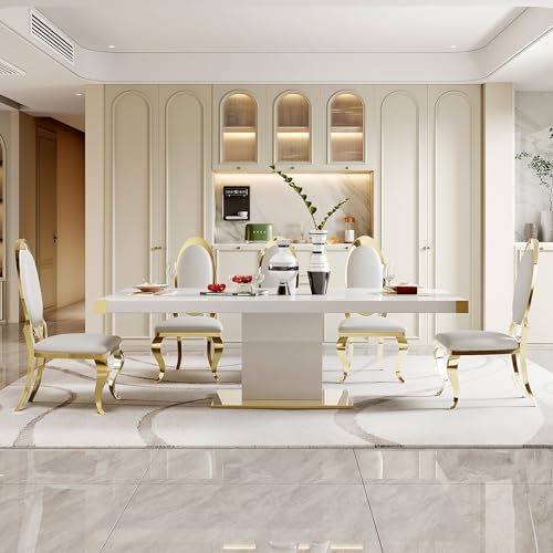 78" Gold Finish MDF Dining Table Set with PU Leather Chairs C416