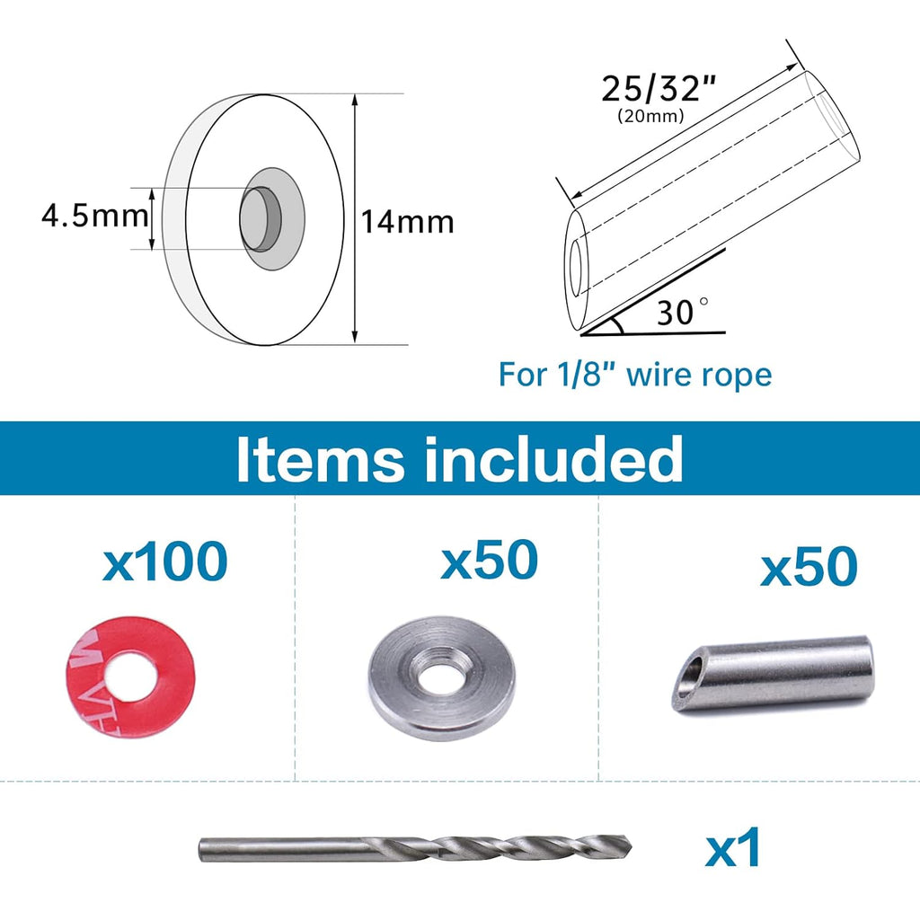 50Pack Cable Railing Kit Adjustable Angled Protector Sleeve for 1/8 Wire Rope Wood Posts 10 30 40 Degree Beveled Grommet T316 Stainless Steel Q188
