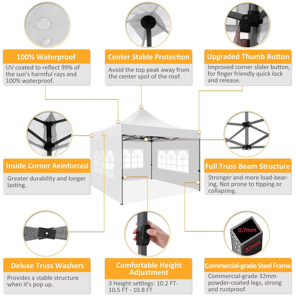 10x10 FT Pop Up Canopy Tent with 4 Removable Sidewalls, Roller Bag and 4 Sandbags, White Y91626