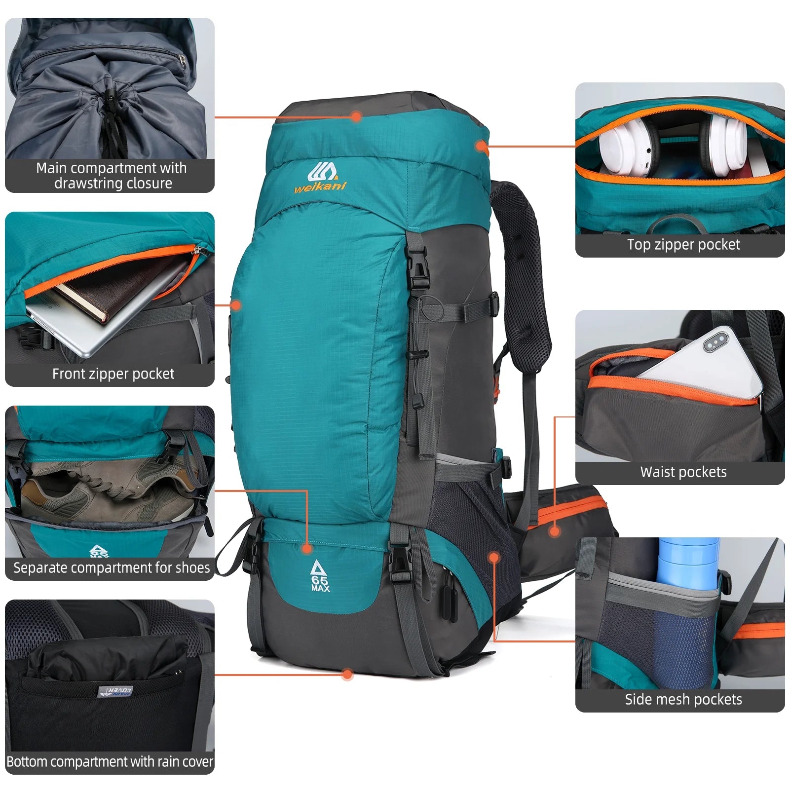 65L Water-resistant Hiking Backpack with Rain Cover F205