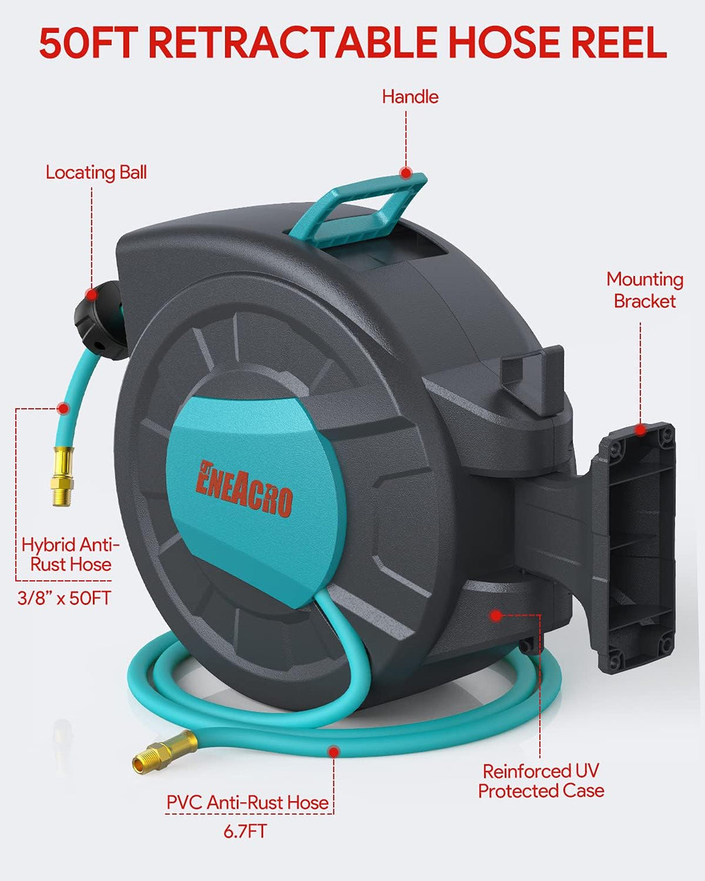 Retractable Enclosed Air Hose Reel with 3/8 in x 50+6.7ft Hybrid Polymer Hose, Brass Connector, 300PSI Pack of 2 H9182