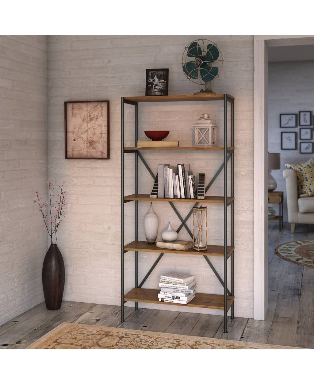 Vintage Golden Pine 5 Shelf Etagere Bookcase W244