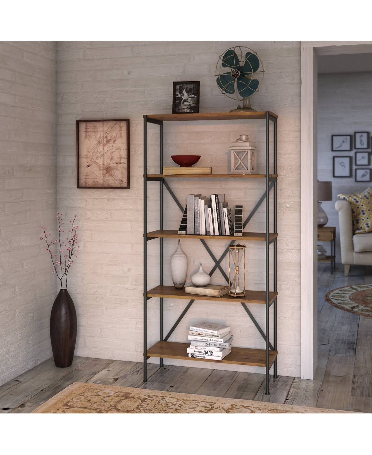 Vintage Golden Pine 5 Shelf Etagere Bookcase W244