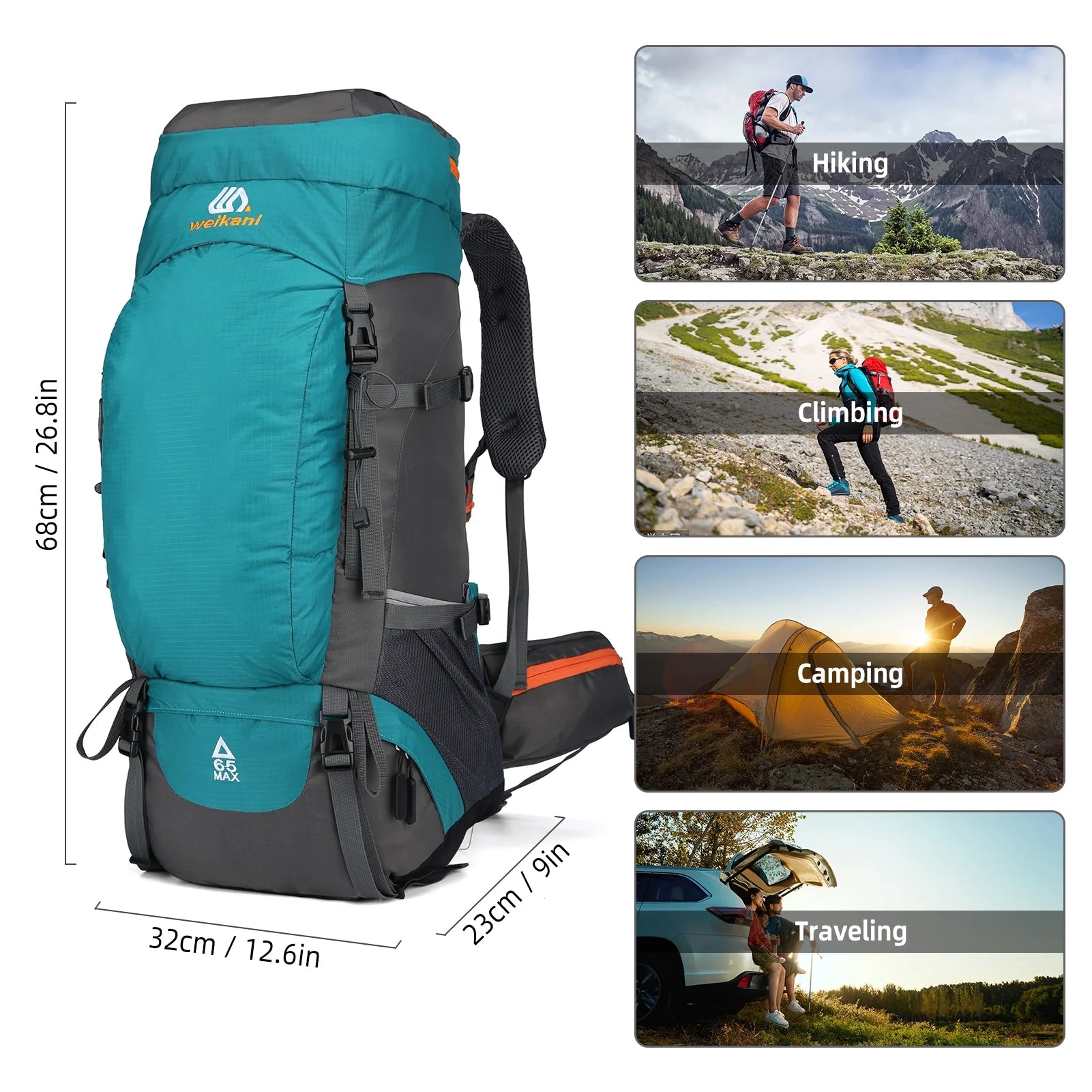 65L Water-resistant Hiking Backpack with Rain Cover F205