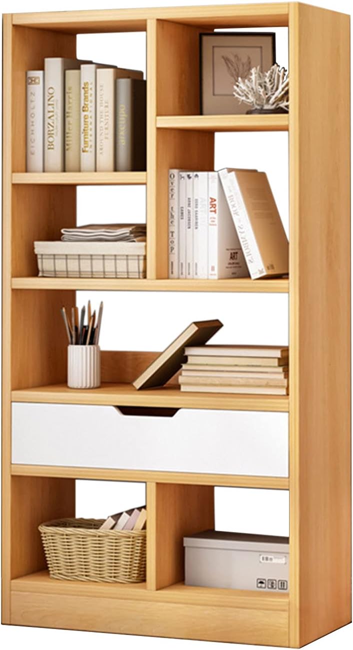 Wooden Open Shelf Bookcase with Drawer, 8 Cubes, Maple Yellow G521