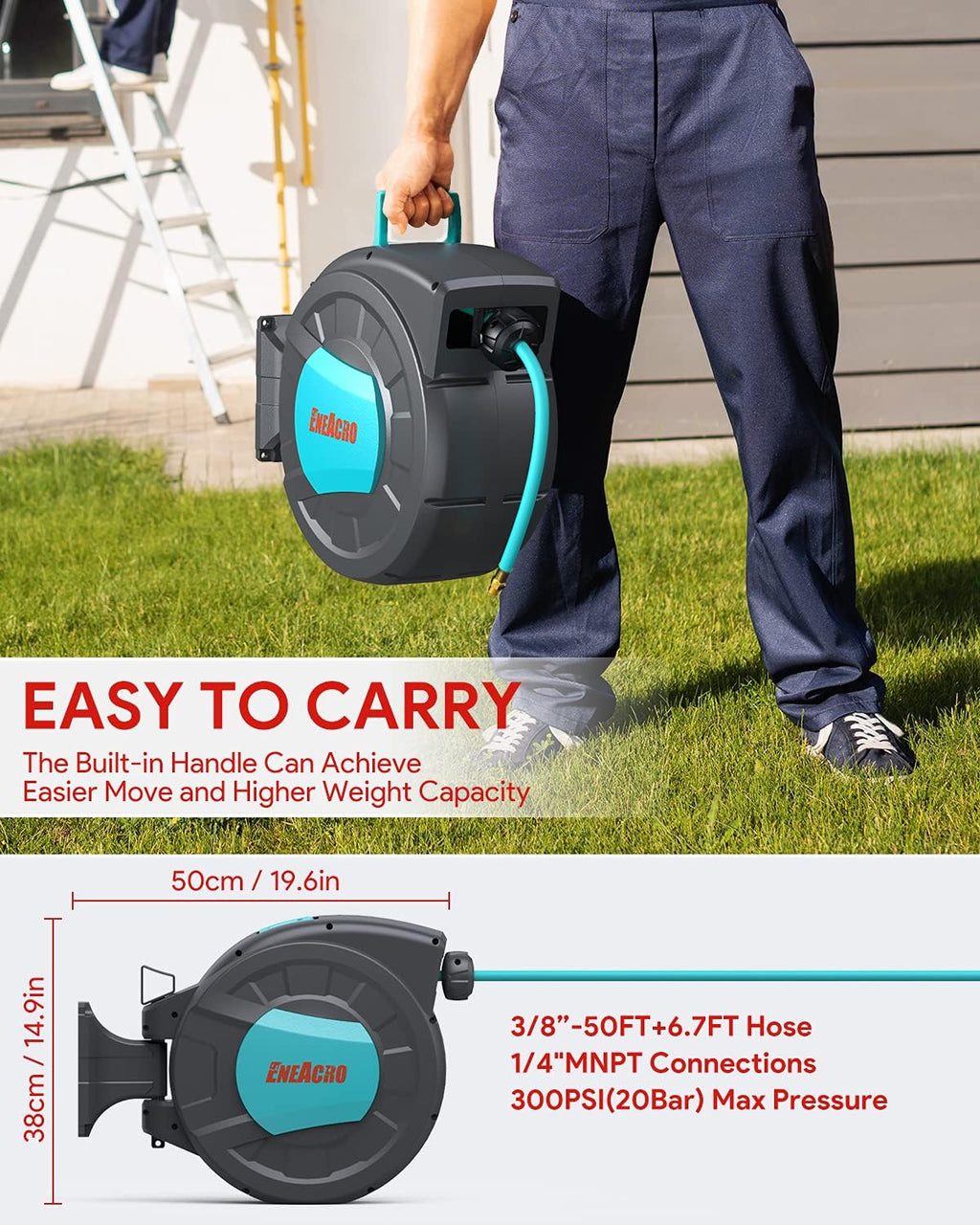 Retractable Enclosed Air Hose Reel with 3/8 in x 50+6.7ft Hybrid Polymer Hose, Brass Connector, 300PSI Pack of 2 H9182