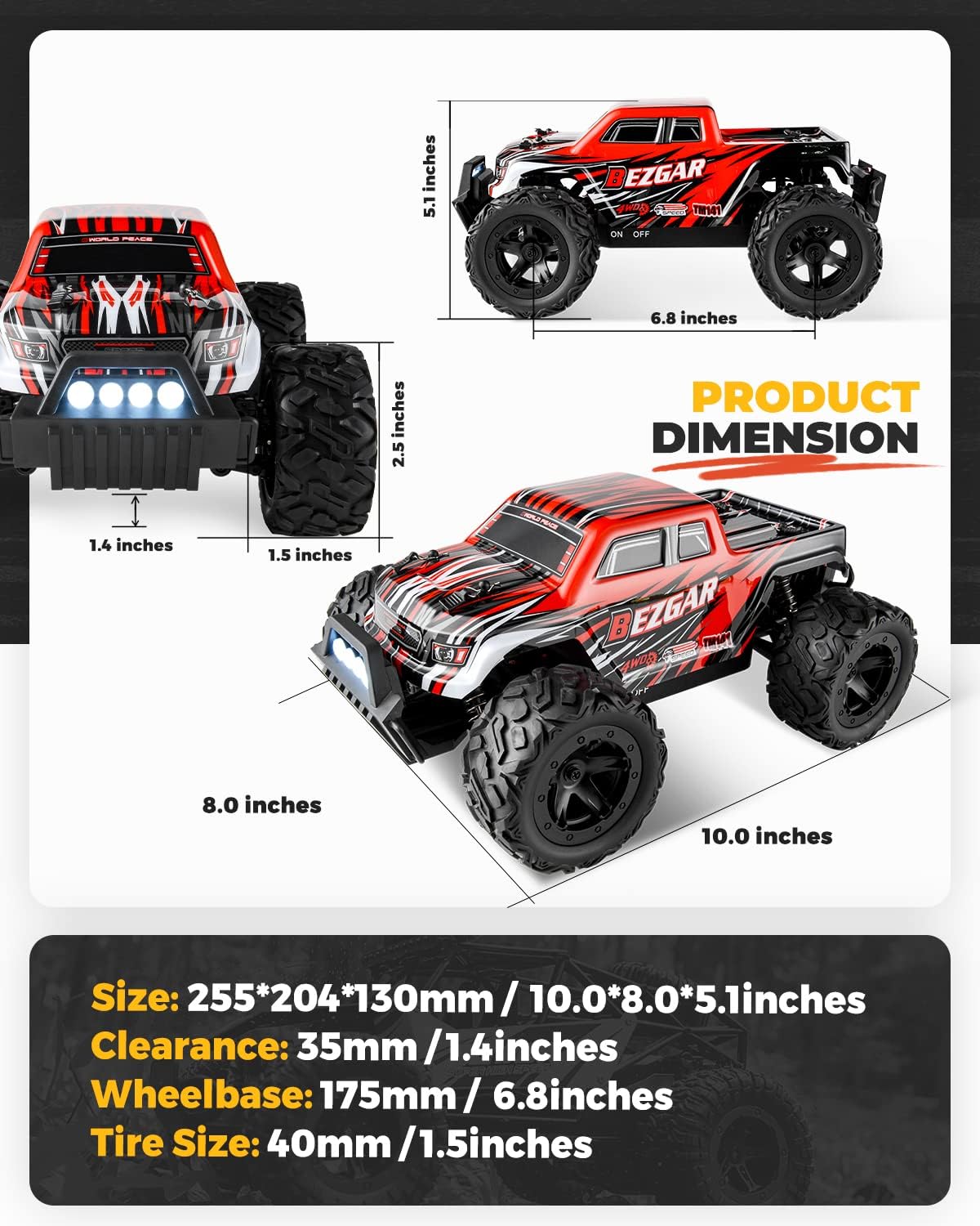1:14 Scale Remote Control Car, 4WD Electric Toy Off Road RC Monster Truck with Two Rechargeable Batteries T249