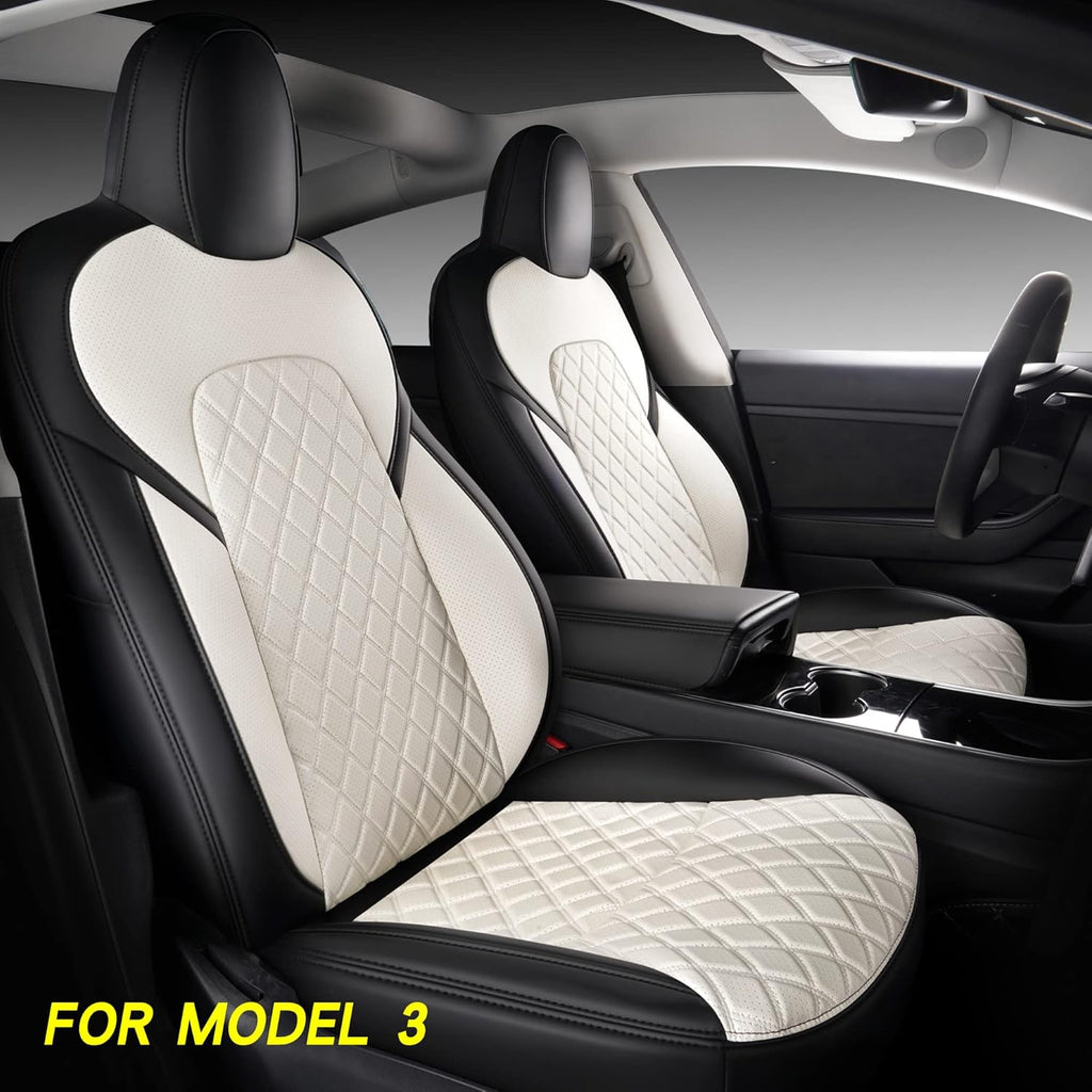 White Faux Leather Custom Car Seat Covers Full Set for Tesla Model Y I562