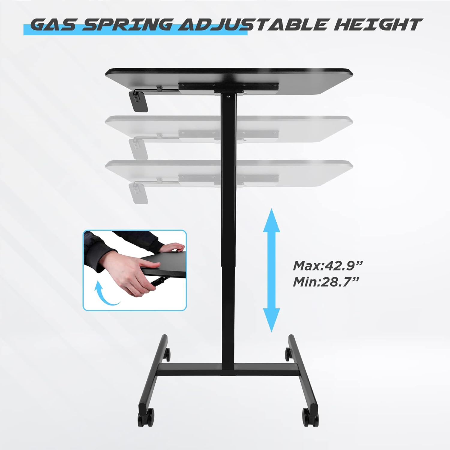 Rolling Laptop Desk, Pneumatic Mobile Standing Desk with Locking Casters, Adjustable Height Lectern, Portable Podium B767