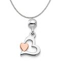 Sterling Silver Rhodium-Plated Rose-Tone Dangle Heart Charm Pendant With Sterling Silver Rope Chain Necklace 20'' W143