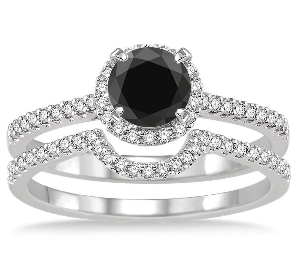 Black Diamond Halo Bridal Set Engagement Ring on 10k White Gold B70407