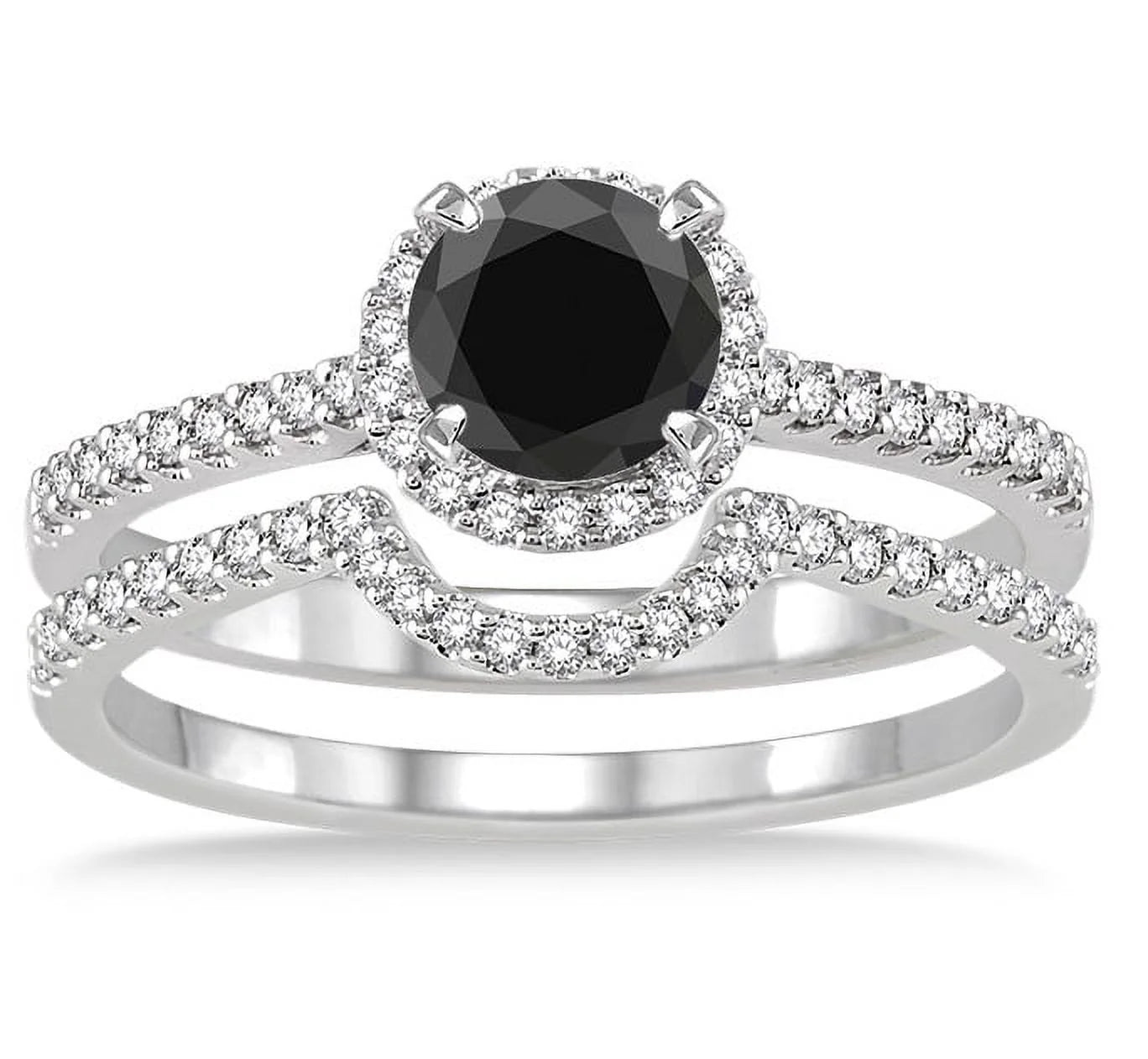 Black Diamond Halo Bridal Set Engagement Ring on 10k White Gold B70407
