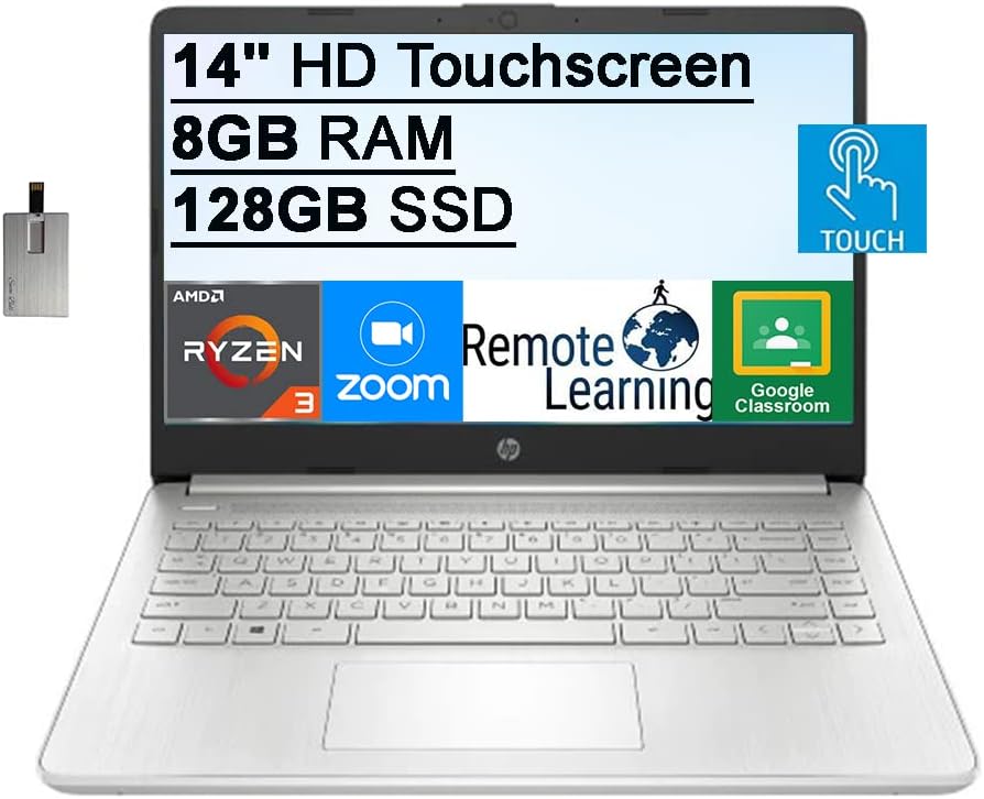 14" HD Touchscreen Laptop, AMD Ryzen 3, 8GB RAM, 128GB SSD, Silver J49342
