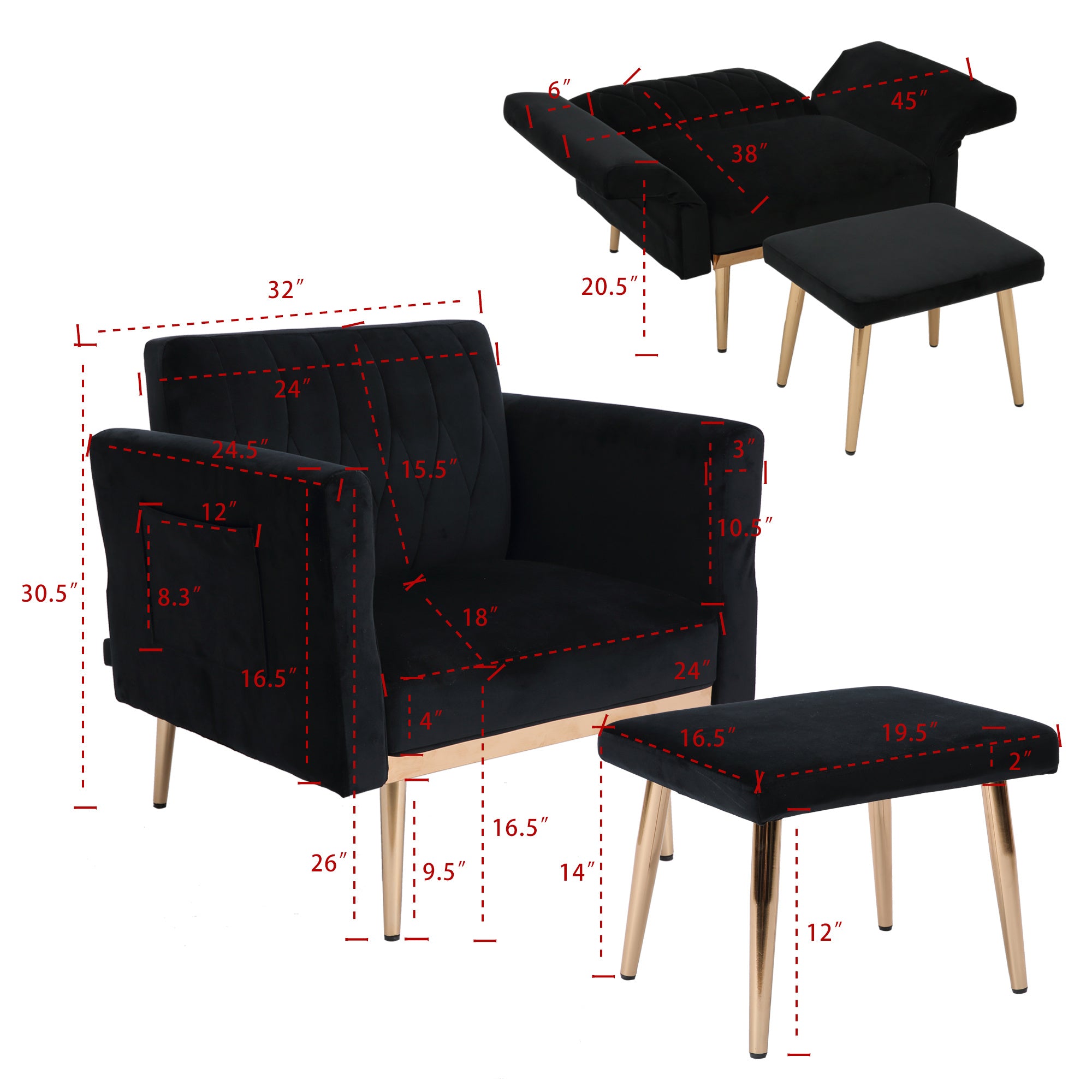 Velvet Accent Chair Set with Ottoman F37685