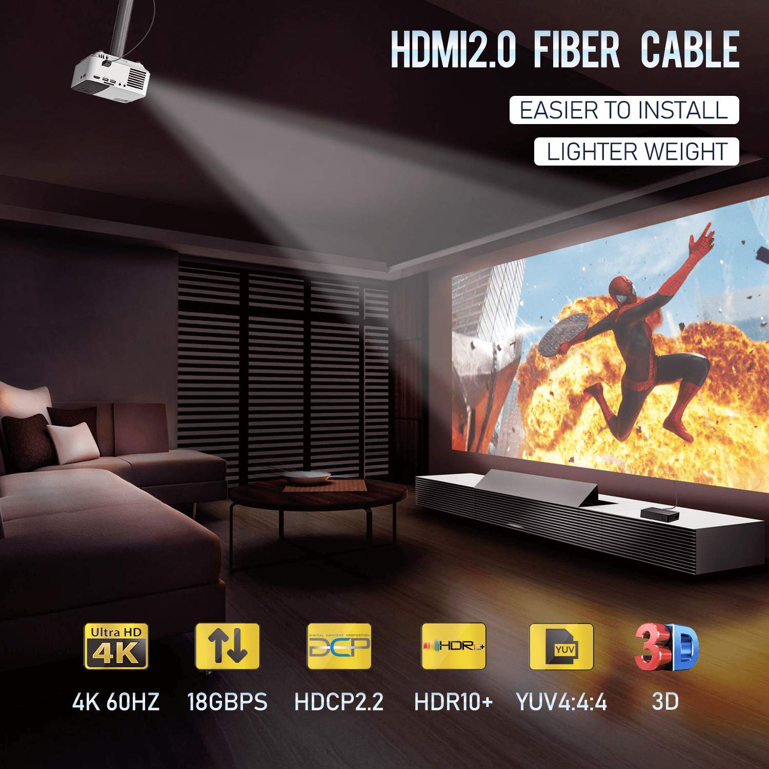 Fiber Optic HDMI Cable 65FT 4K 60FPS HDMI 2.0 18Gbps Active Optical Cable Y50331