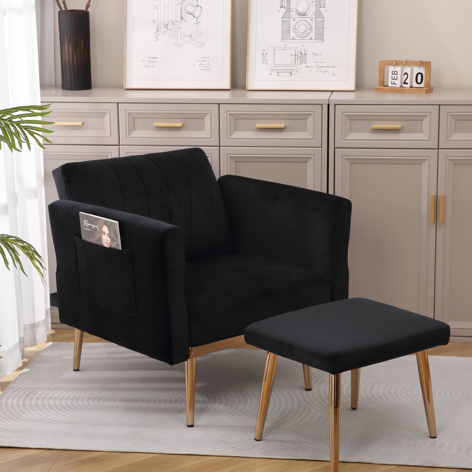 Velvet Accent Chair Set with Ottoman F37685