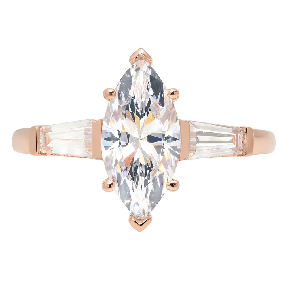 Marquise Cut Clear Simulated Diamond 14k Pink Rose Gold Three-Stone Ring Size 8.75 R12915