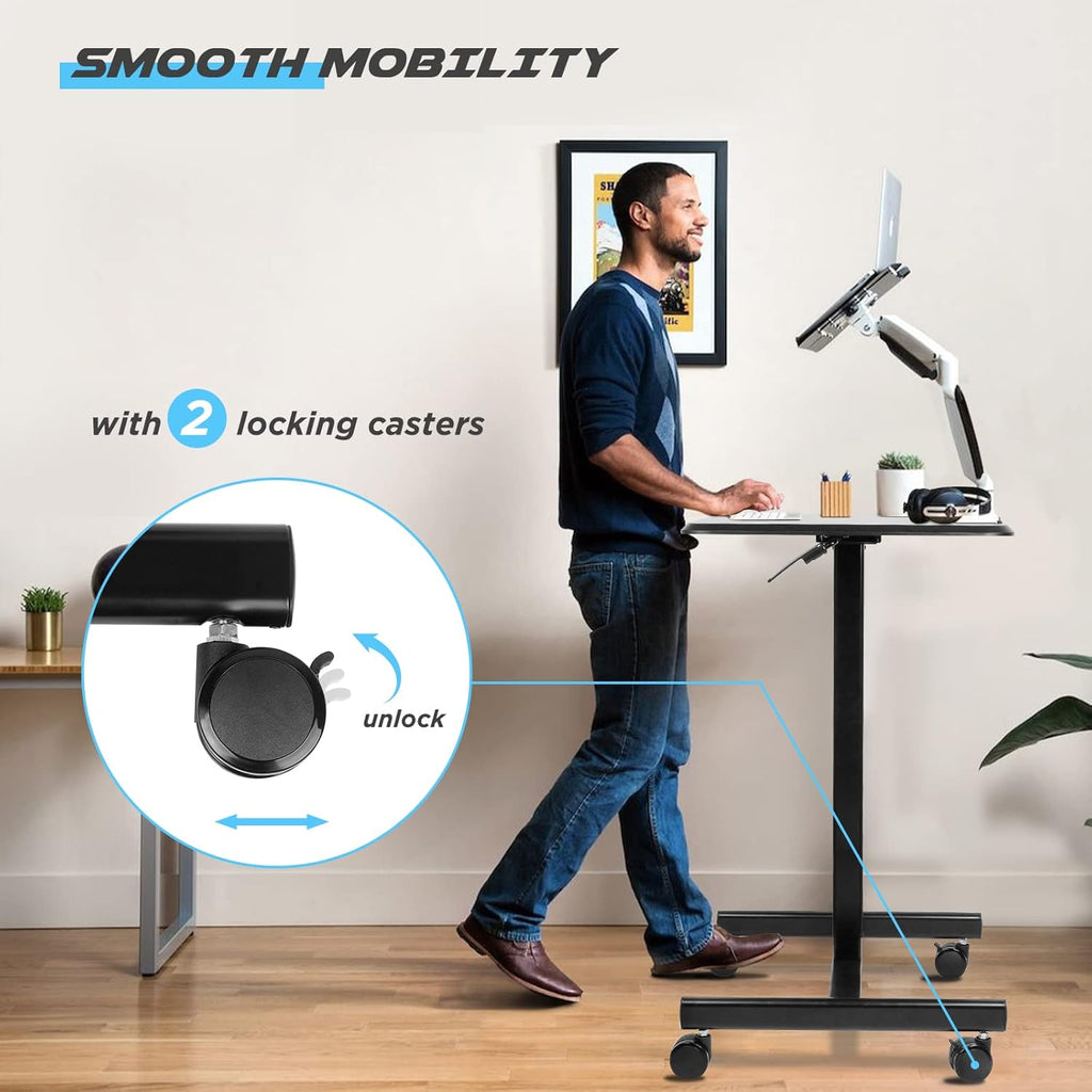 Rolling Laptop Desk, Pneumatic Mobile Standing Desk with Locking Casters, Adjustable Height Lectern, Portable Podium B767