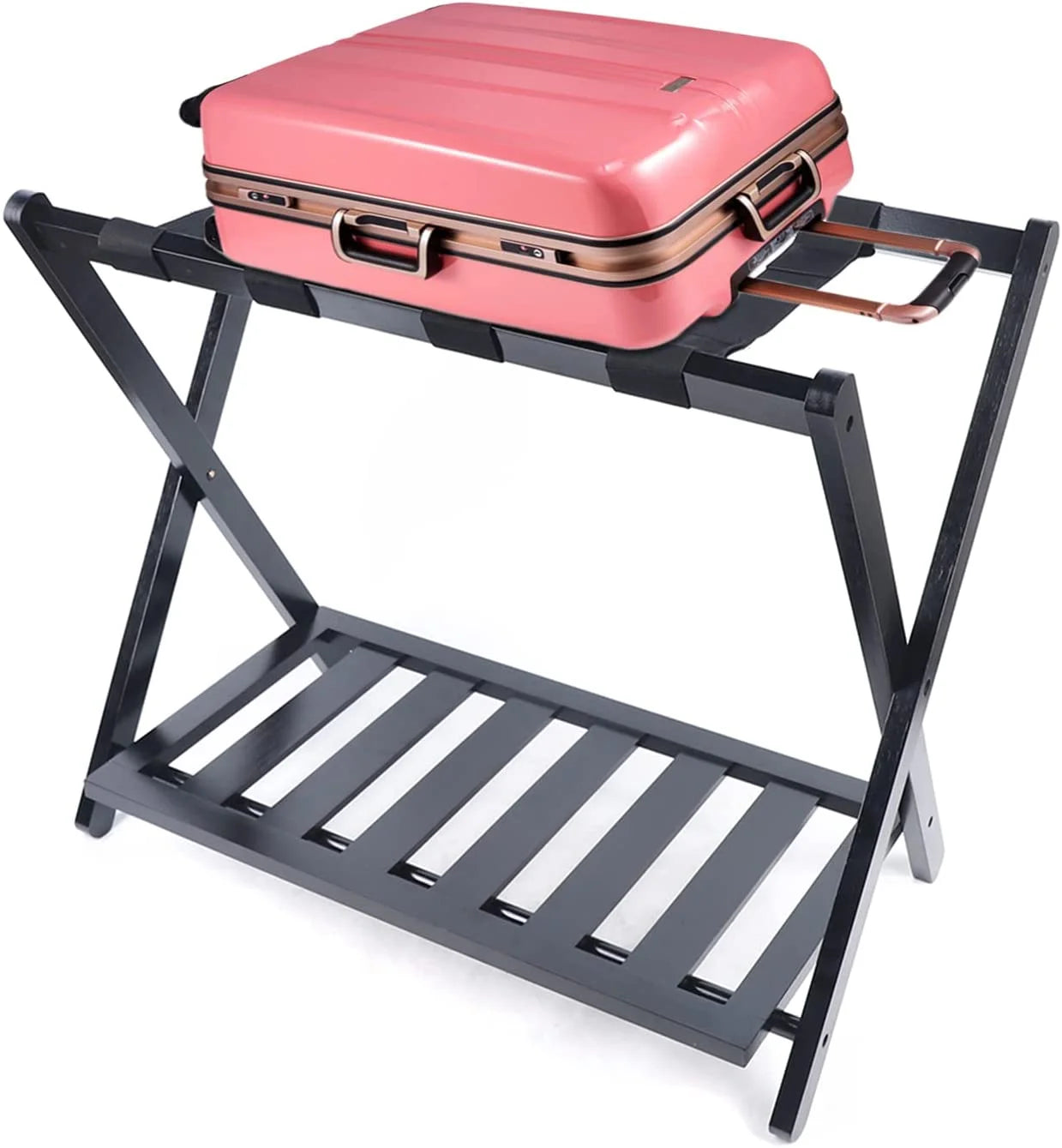 Black Bamboo Wood 2 Tiers Foldable Luggage Rack P745086