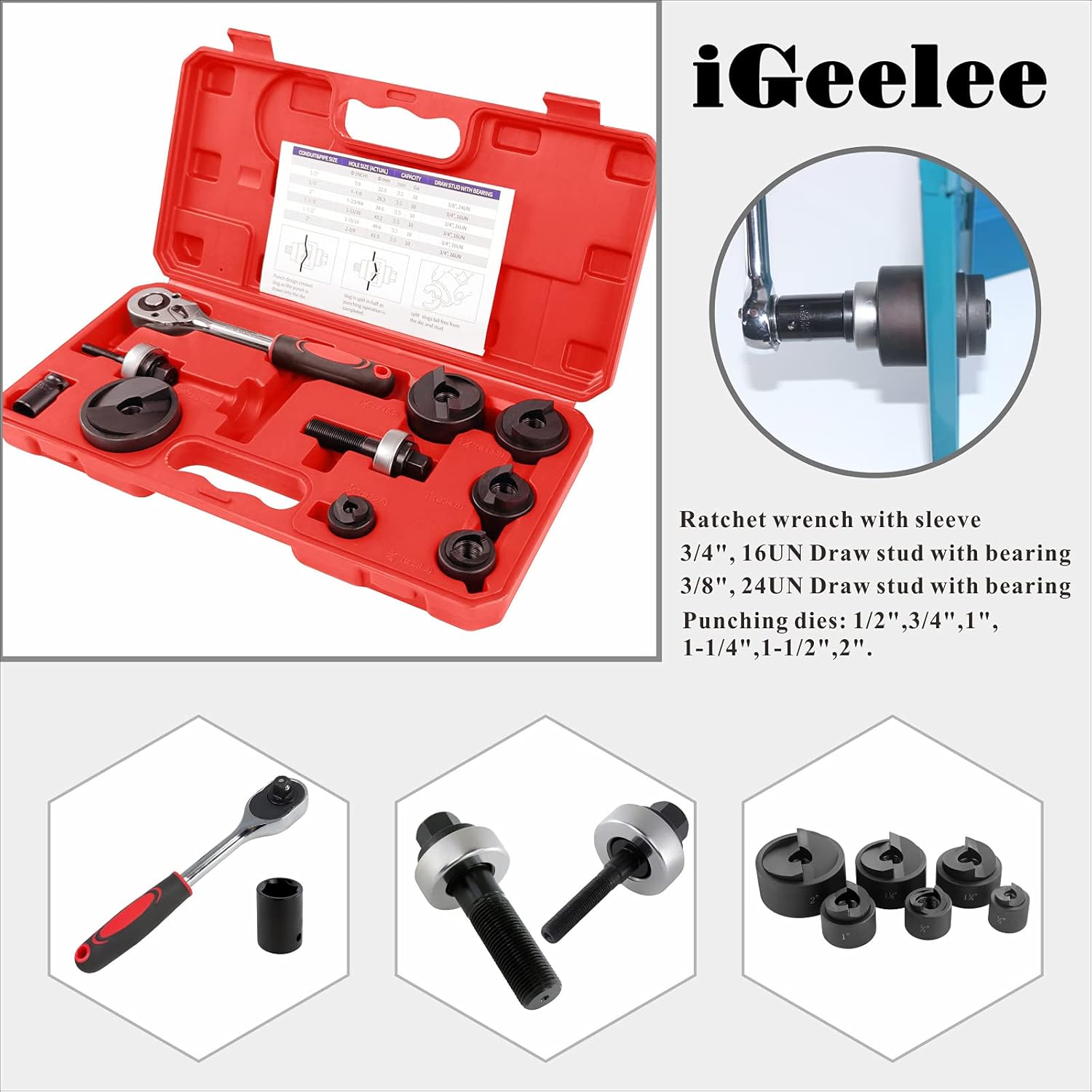 Ratchet Knockout Hole Punch Driver Kit 1/2 to 2 inch Hole Cutter Set E866117