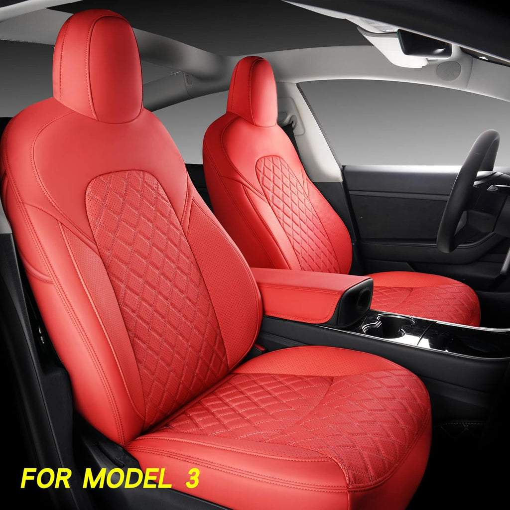 White Faux Leather Custom Car Seat Covers Full Set for Tesla Model Y I562