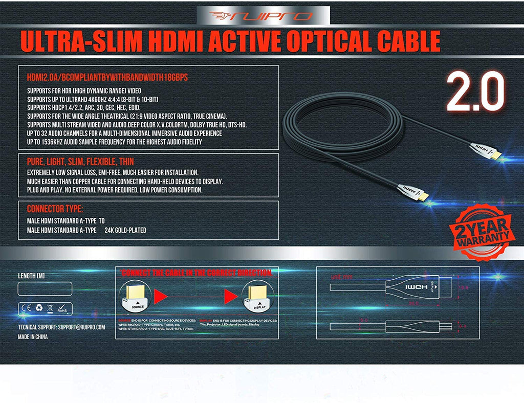 Fiber Optic HDMI Cable 65FT 4K 60FPS HDMI 2.0 18Gbps Active Optical Cable Y50331