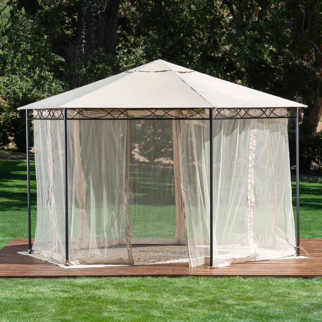 Beige Dark Gray Water Resistant Fabric and Steel Gazebo B85441