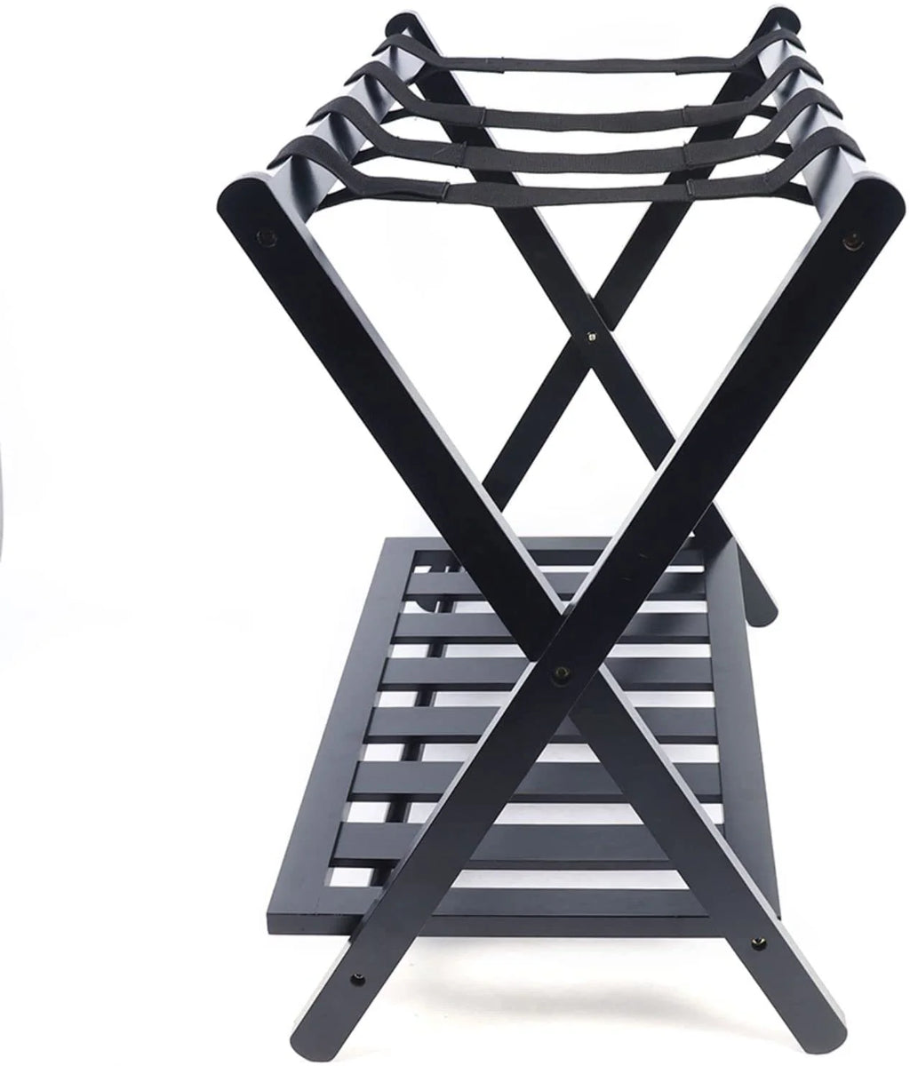 Black Bamboo Wood 2 Tiers Foldable Luggage Rack P745086