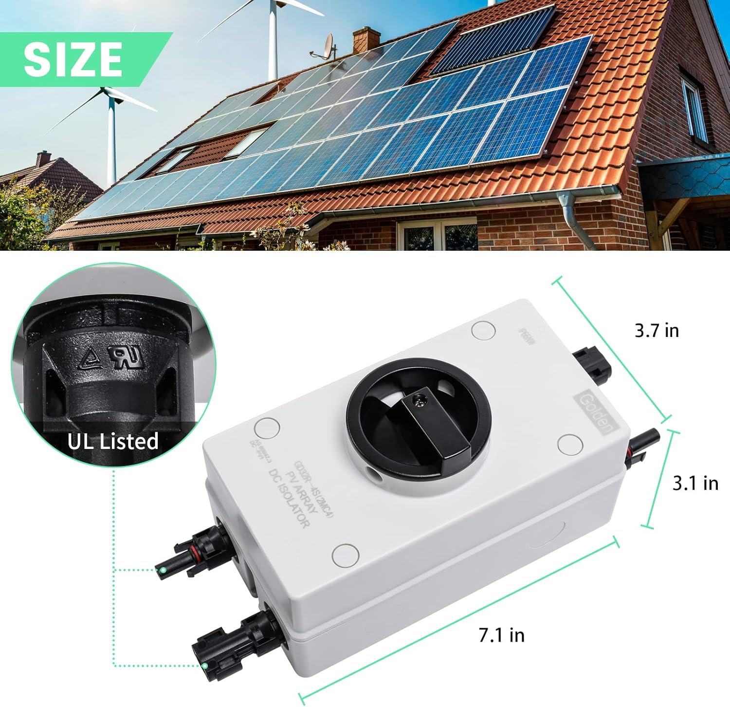 Solar Combiner Box 32A 1000V PV DC Isolator Switch with Solar Connector, IP66 Waterproof G9097