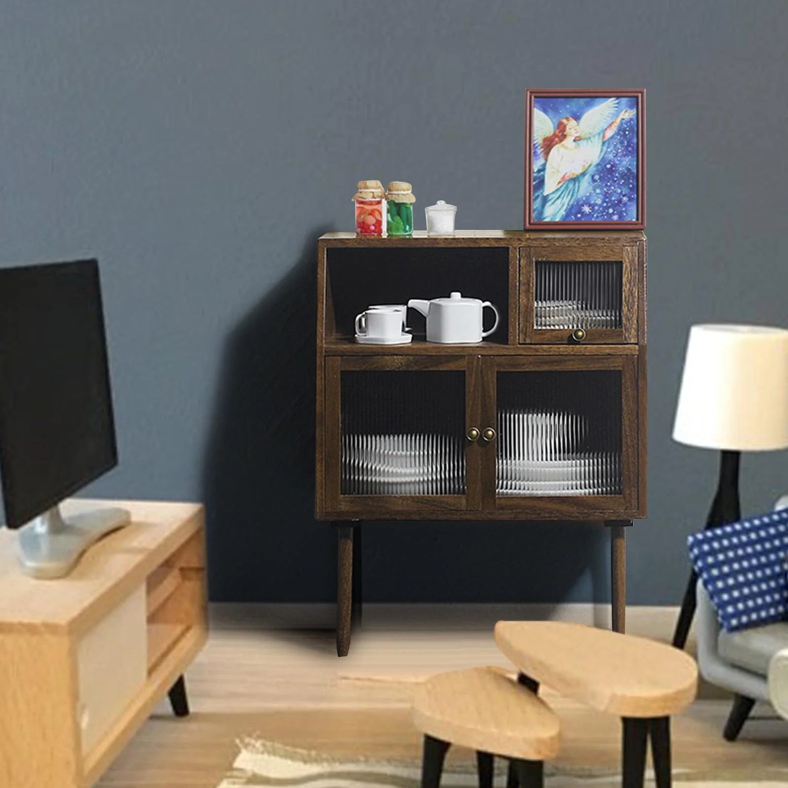 Walnut Cabinets Multipurpose Cupboard for 1/6 1/12 Scale Dollhouse T7822