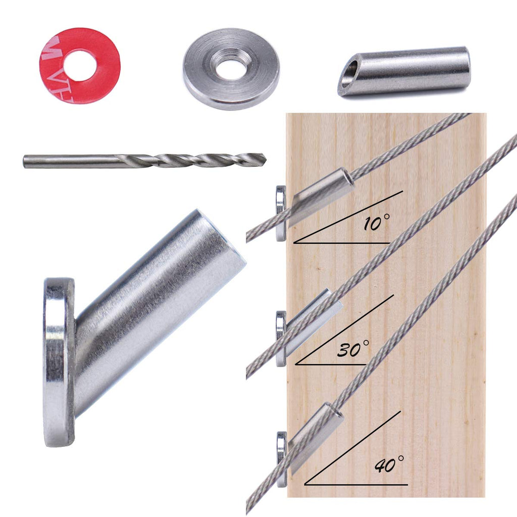 50Pack Cable Railing Kit Adjustable Angled Protector Sleeve for 1/8 Wire Rope Wood Posts 10 30 40 Degree Beveled Grommet T316 Stainless Steel Q188