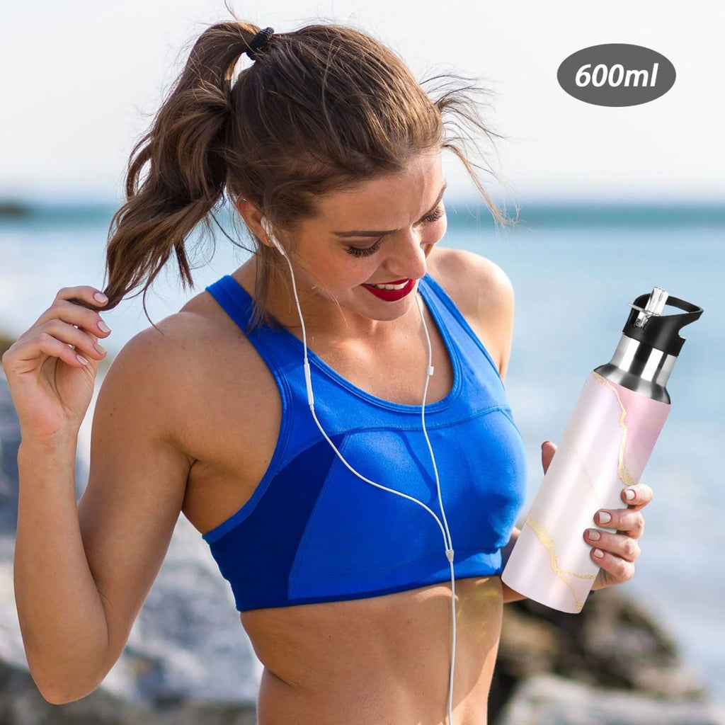 Pink Marble Insulated Stainless Steel Water Bottle with Straw Lid, 20 oz O822