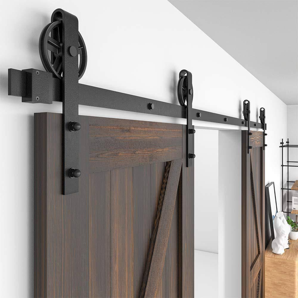 13 ft. Frosted Black Sliding Barn Door Track and Hardware Kit with Non-Routed Floor Guide J84960