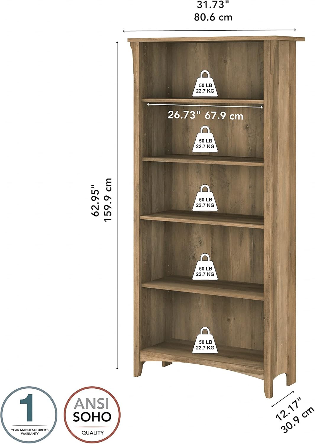Tall 5 Shelf Bookcase, Reclaimed Pine H768497