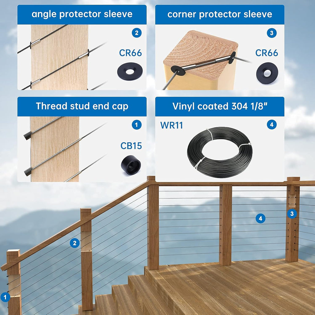 50Pack Cable Railing Kit Adjustable Angled Protector Sleeve for 1/8 Wire Rope Wood Posts 10 30 40 Degree Beveled Grommet T316 Stainless Steel Q188