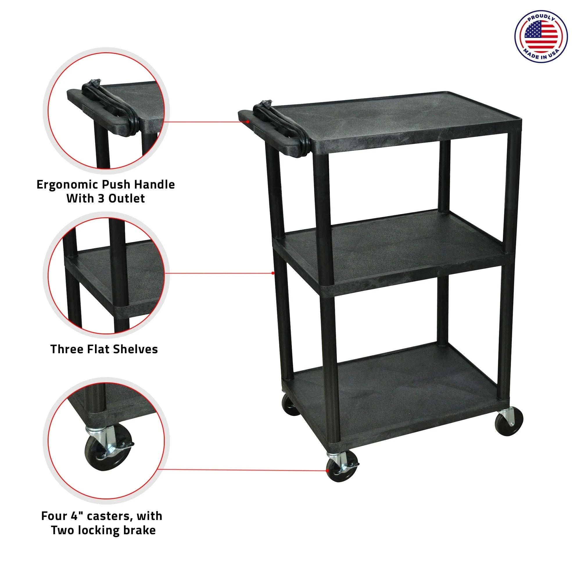 42x22H A V Cart with Three Shelves, Electric R37890