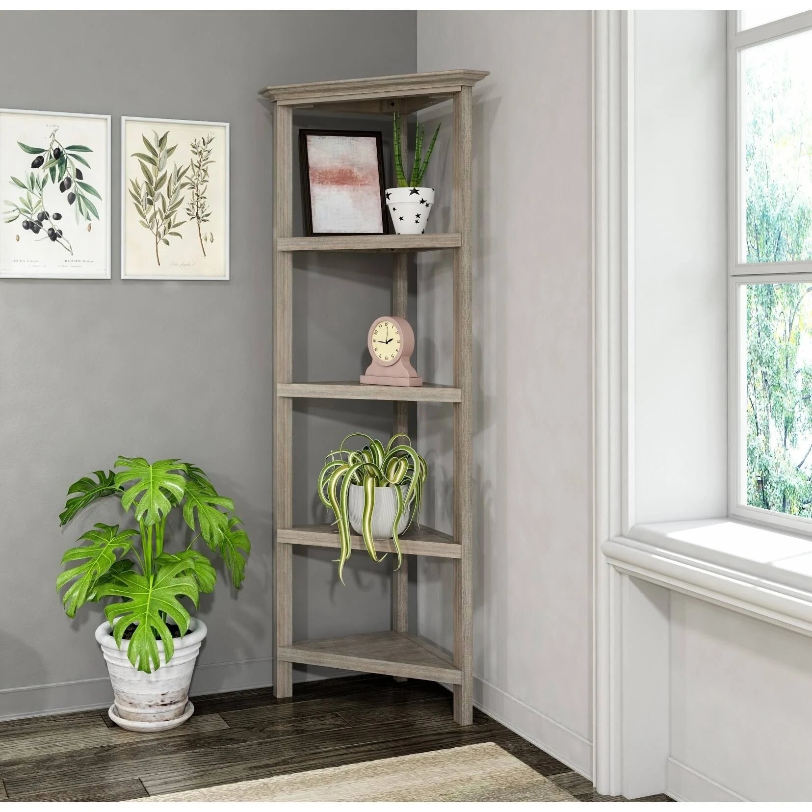 4-Tier Corner Wooden Bookcase Washed Grey X919