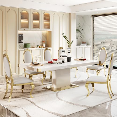 78" Gold Finish MDF Dining Table Set with PU Leather Chairs C416