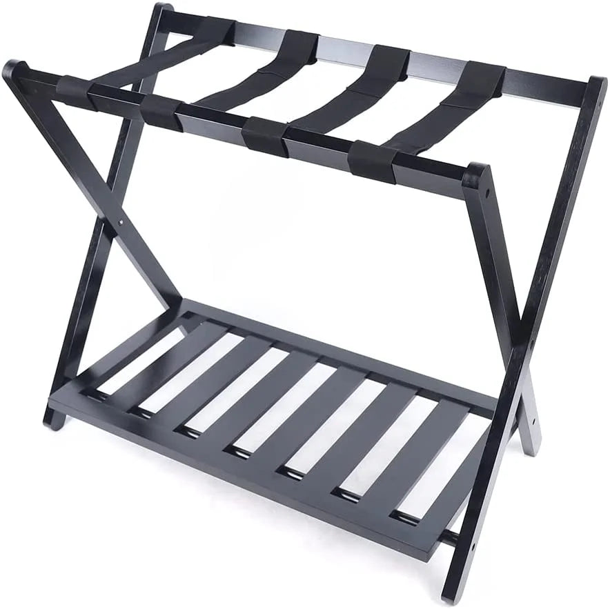 Black Bamboo Wood 2 Tiers Foldable Luggage Rack P745086
