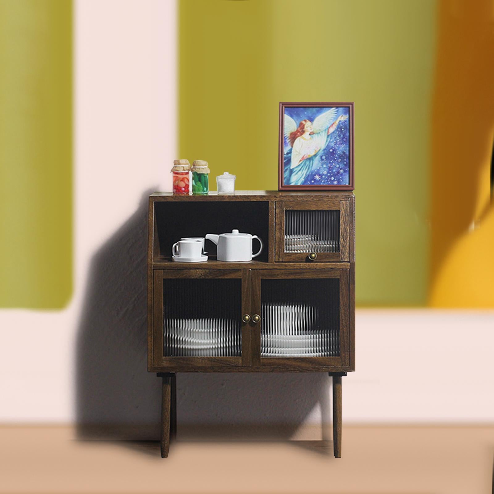 Walnut Cabinets Multipurpose Cupboard for 1/6 1/12 Scale Dollhouse T7822