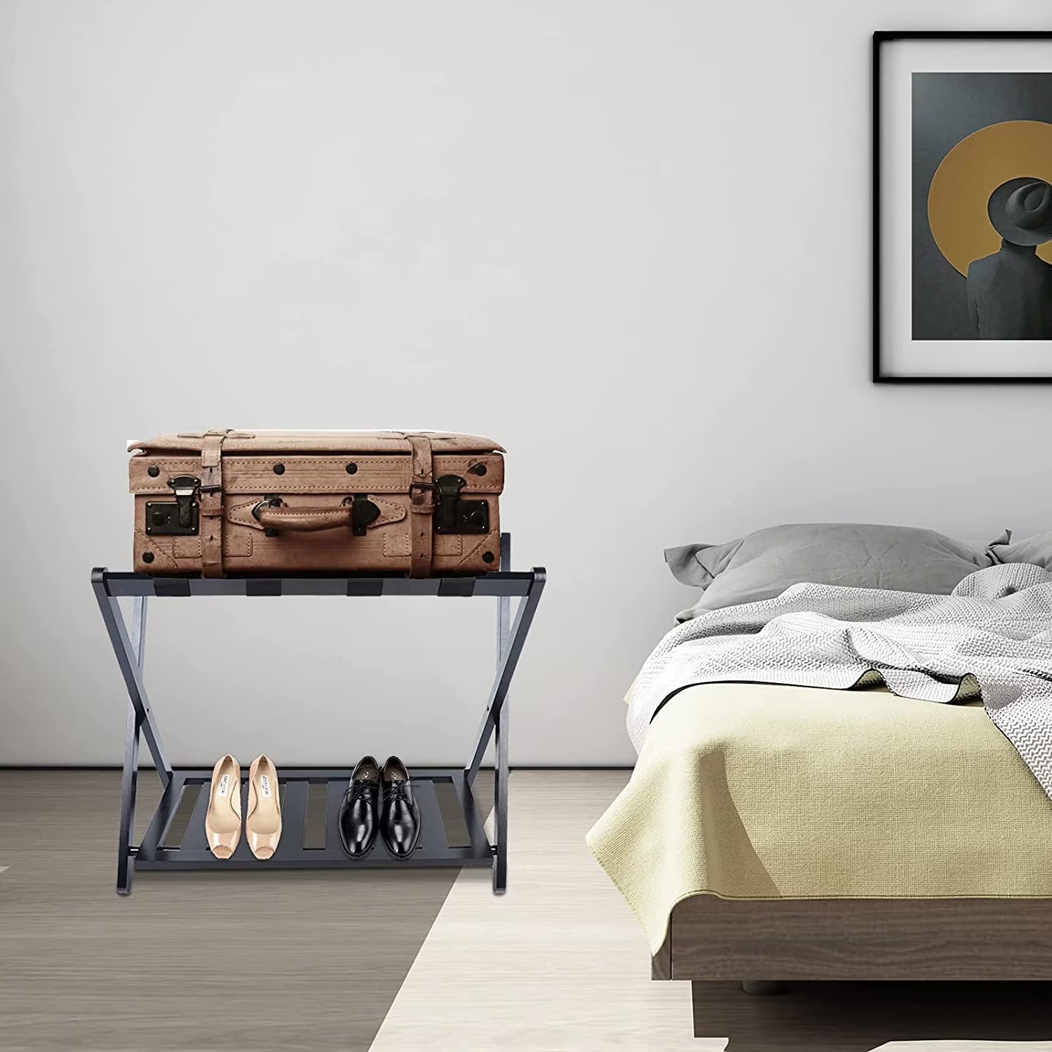 Black Bamboo Wood 2 Tiers Foldable Luggage Rack P745086