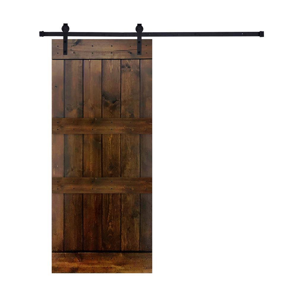 12-Panel Dark Brown Painted Wood Sliding Door with Installation Hardware Kit H442