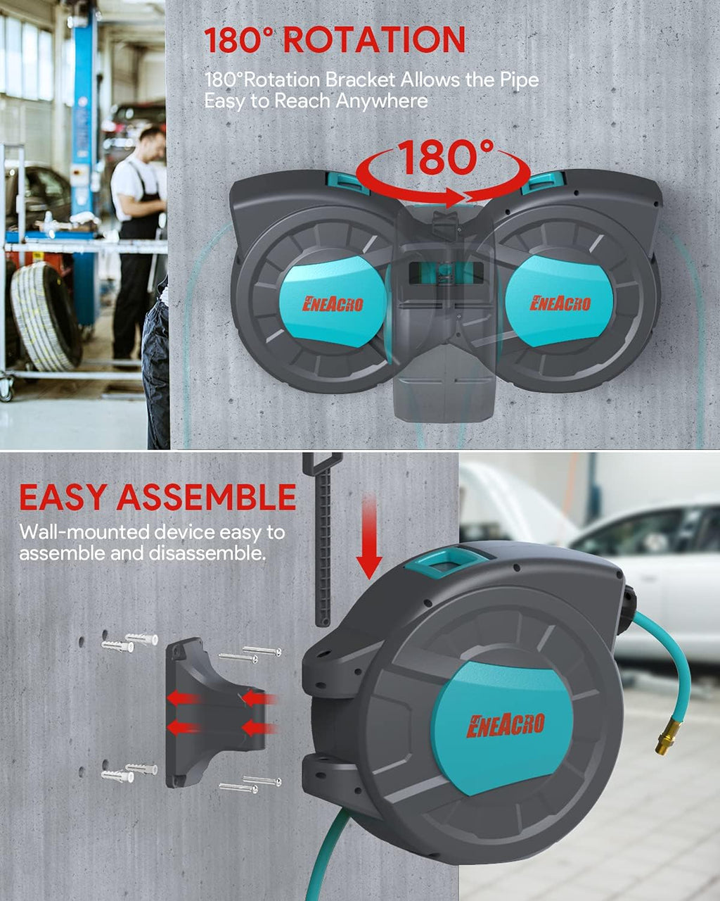 Retractable Enclosed Air Hose Reel with 3/8 in x 50+6.7ft Hybrid Polymer Hose, Brass Connector, 300PSI Pack of 2 H9182