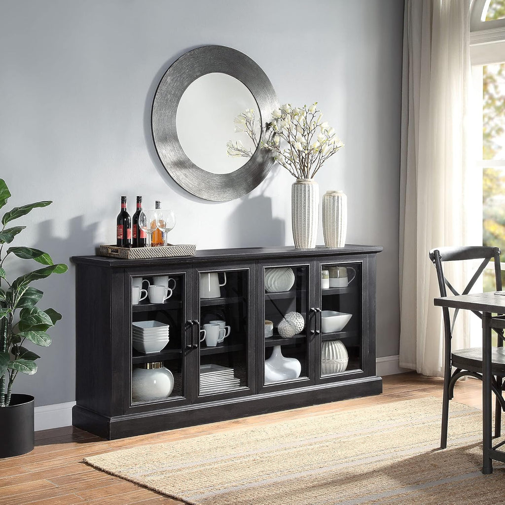 Rustic Oak Wood Sideboard with Glass Doors and Adjustable Shelves V9463