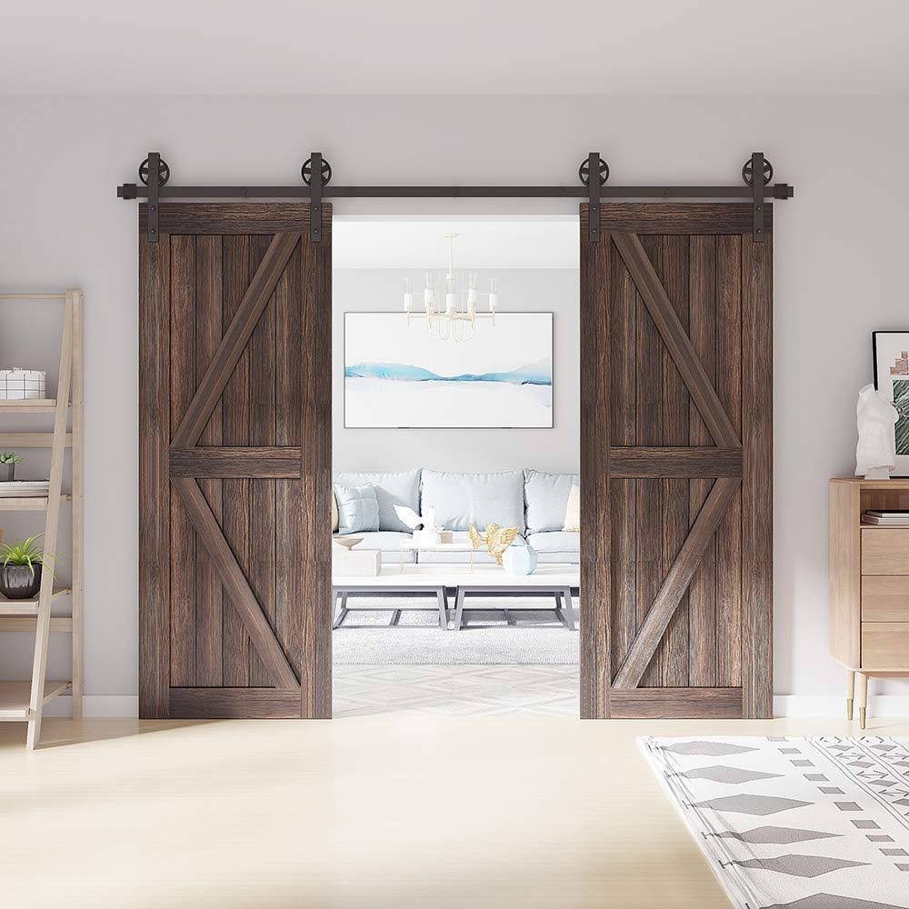 13 ft. Frosted Black Sliding Barn Door Track and Hardware Kit with Non-Routed Floor Guide J84960